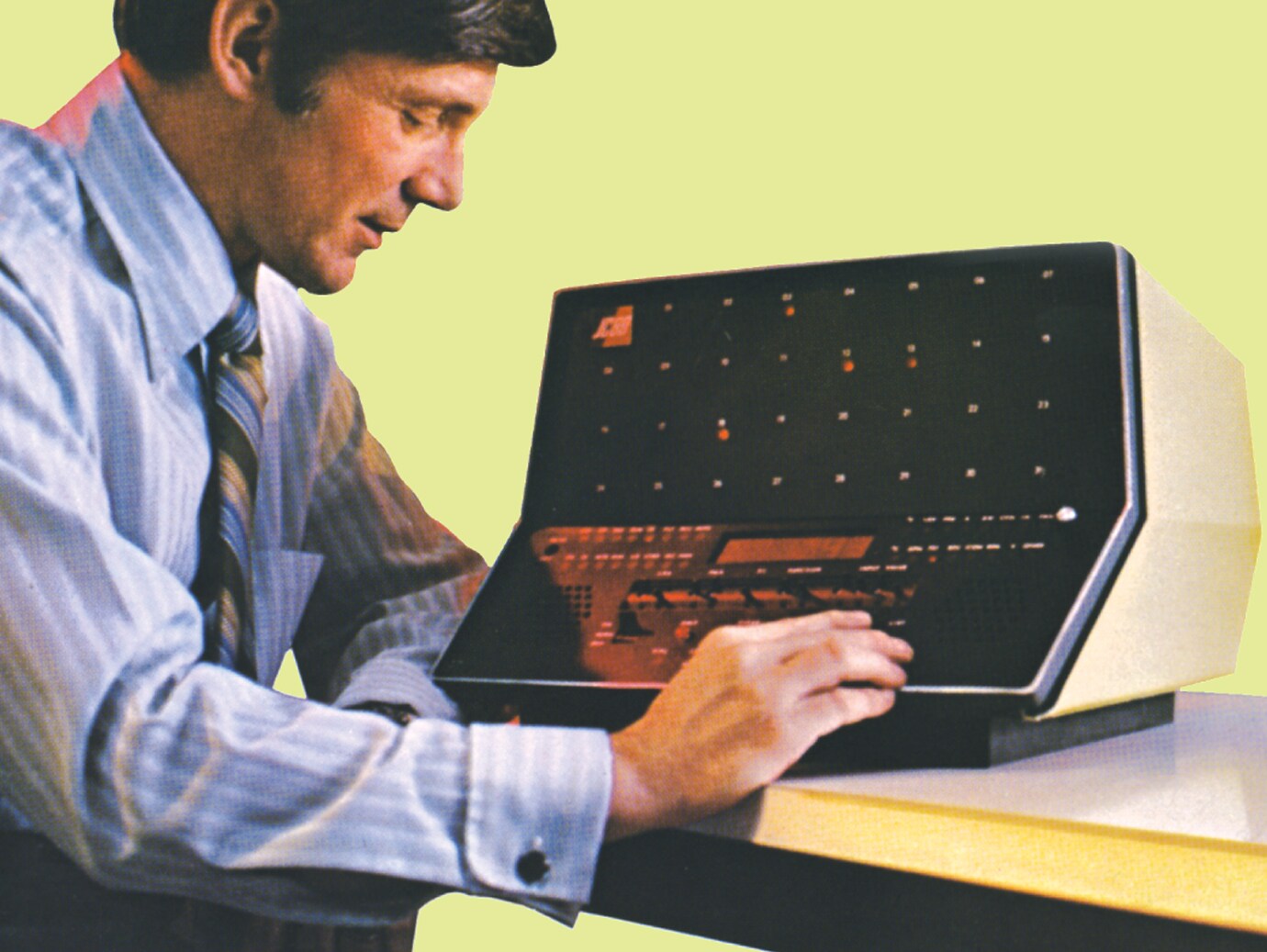 A man operating the JC/80 - the first mini-computer dedicated to building control