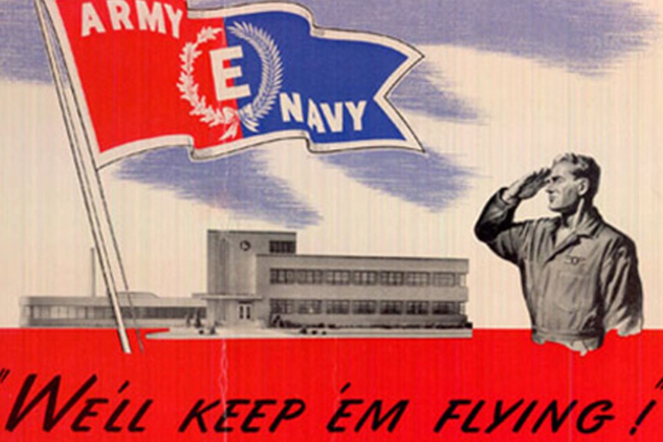 Sketch of a man saluting a military flag with text reading 'We'll keep 'em flying'